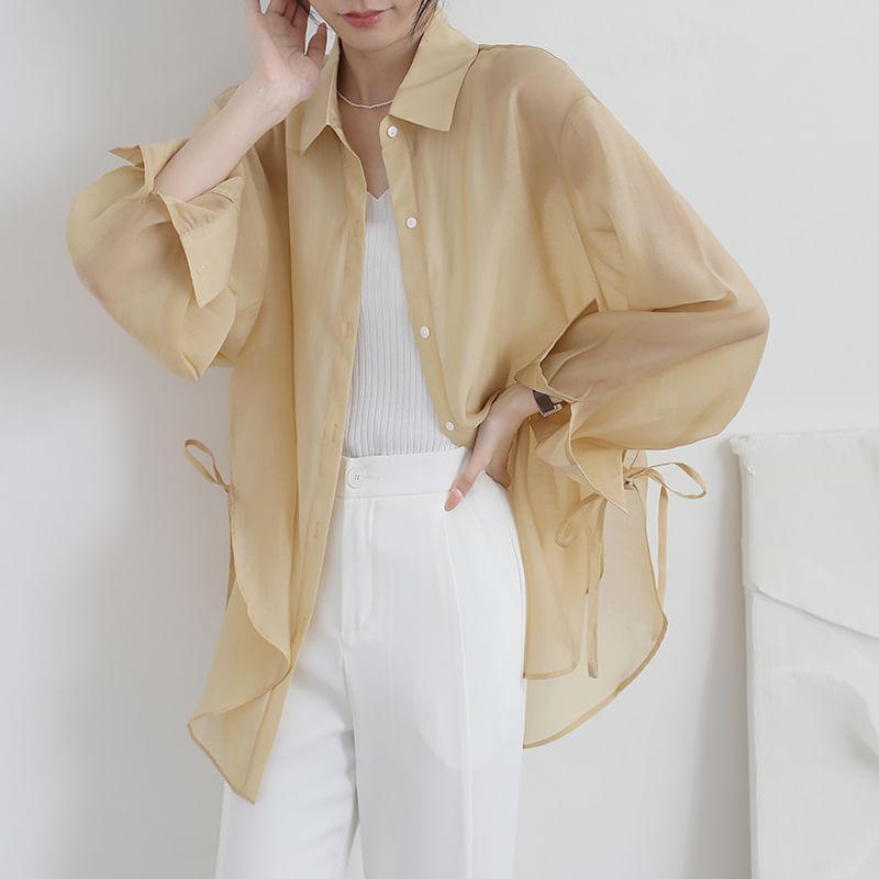 Long-Sleeve Plain Asymmetrical Sheer Oversized Shirt Product Image