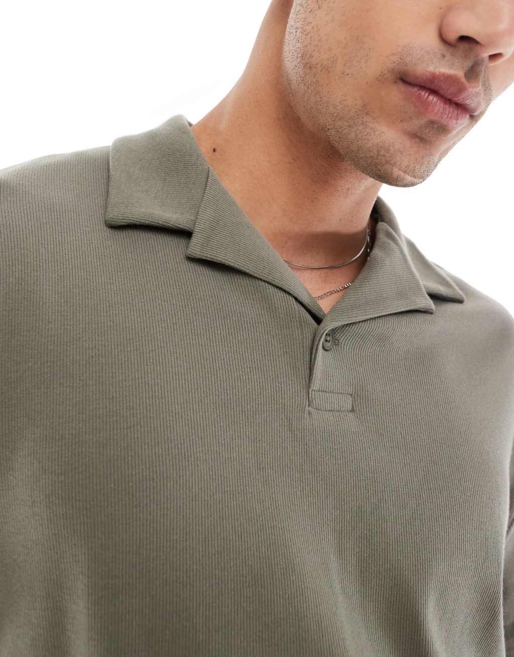 ASOS DESIGN relaxed ribbed revere polo shirt in khaki Product Image