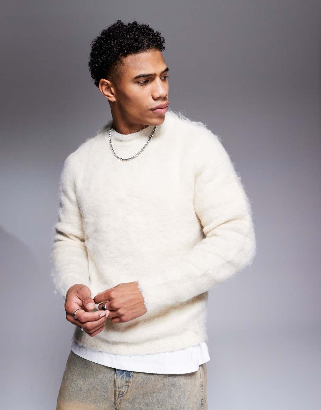 ASOS DESIGN knit fluffy sweater in oatmeal Product Image