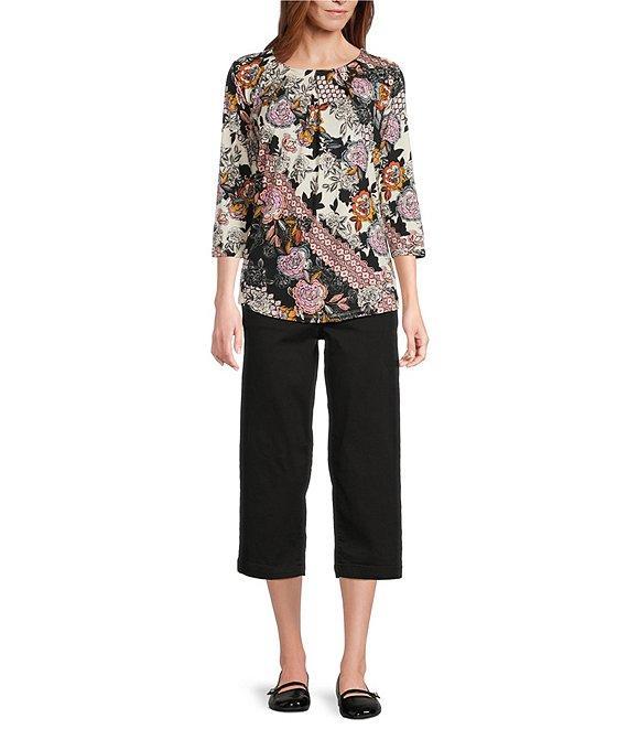 Intro Petite Size Knit Jersey Patch Floral Print 3/4 Sleeve Pleated Neck Tee Product Image