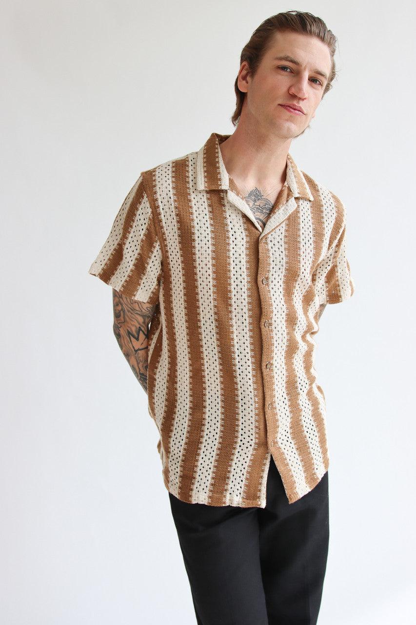 Natural Striped Textured Knit Button Up Shirt Product Image