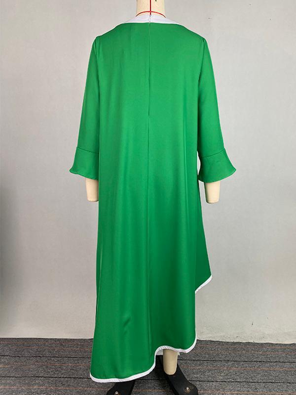 A-line Flared Sleeves Asymmetric Contrast Color Mock Neck Maxi Dresses Product Image