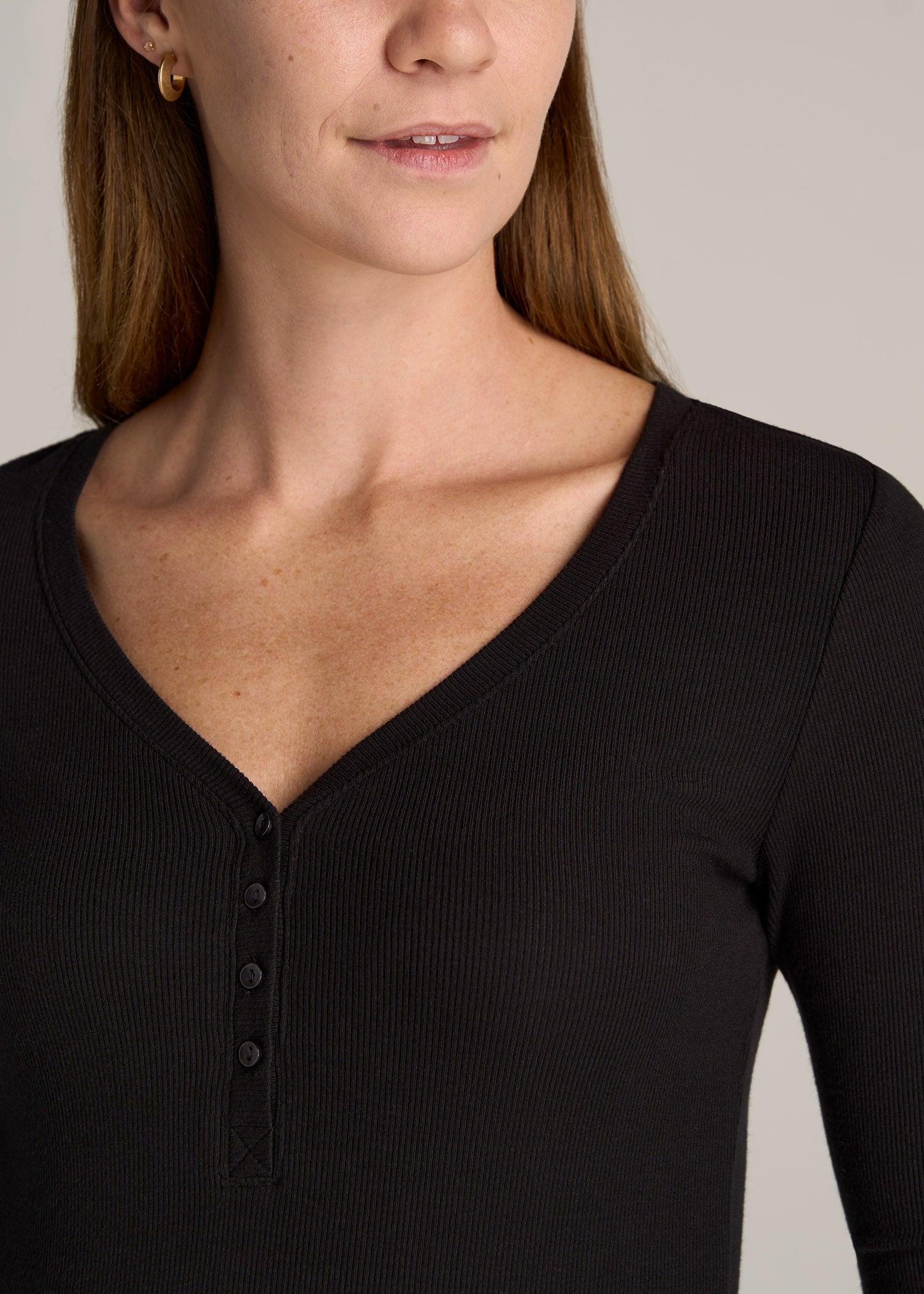 Fitted Ribbed Long Sleeve Henley for Tall Women in Black Female Product Image