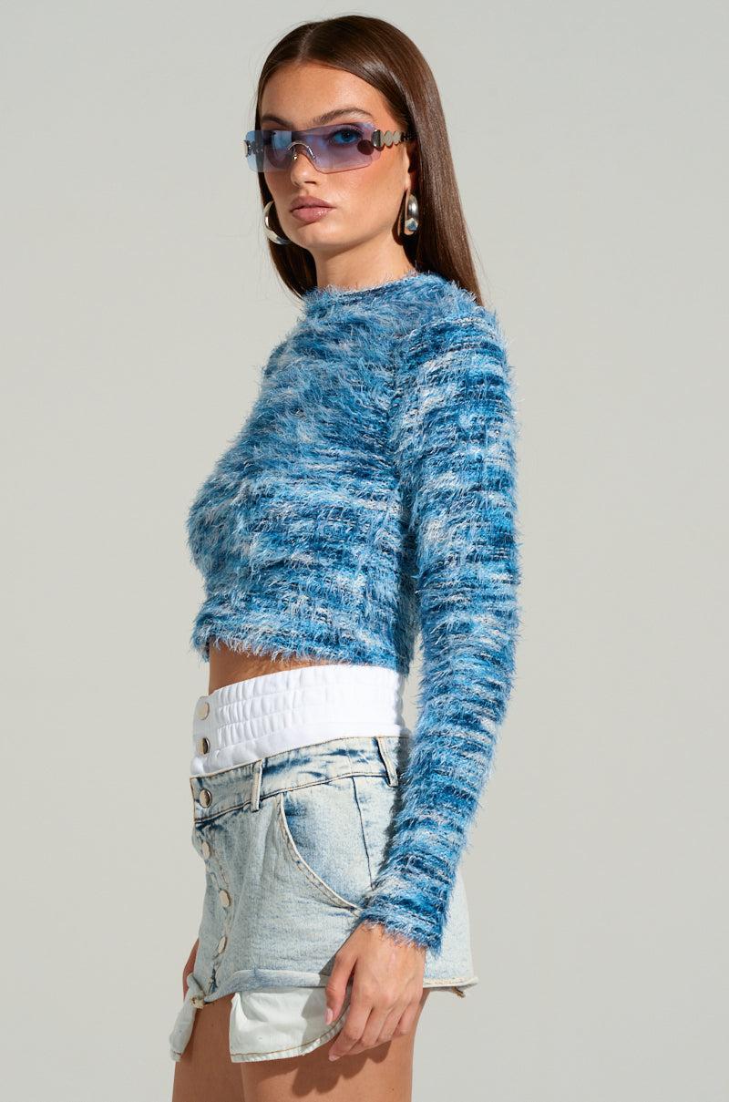 BIG FUZZY ENERGY CROPPED SWEATER IN BLUE Product Image