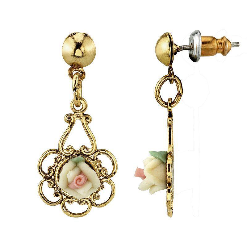 1928 Gold Tone Porcelain Rose Drop Earrings, Womens, White Product Image