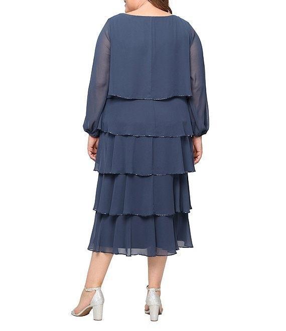 Ignite Evenings Plus Size Chiffon Boat Neck 3/4 Sleeve Beaded Trim Tiered Midi Dress Product Image