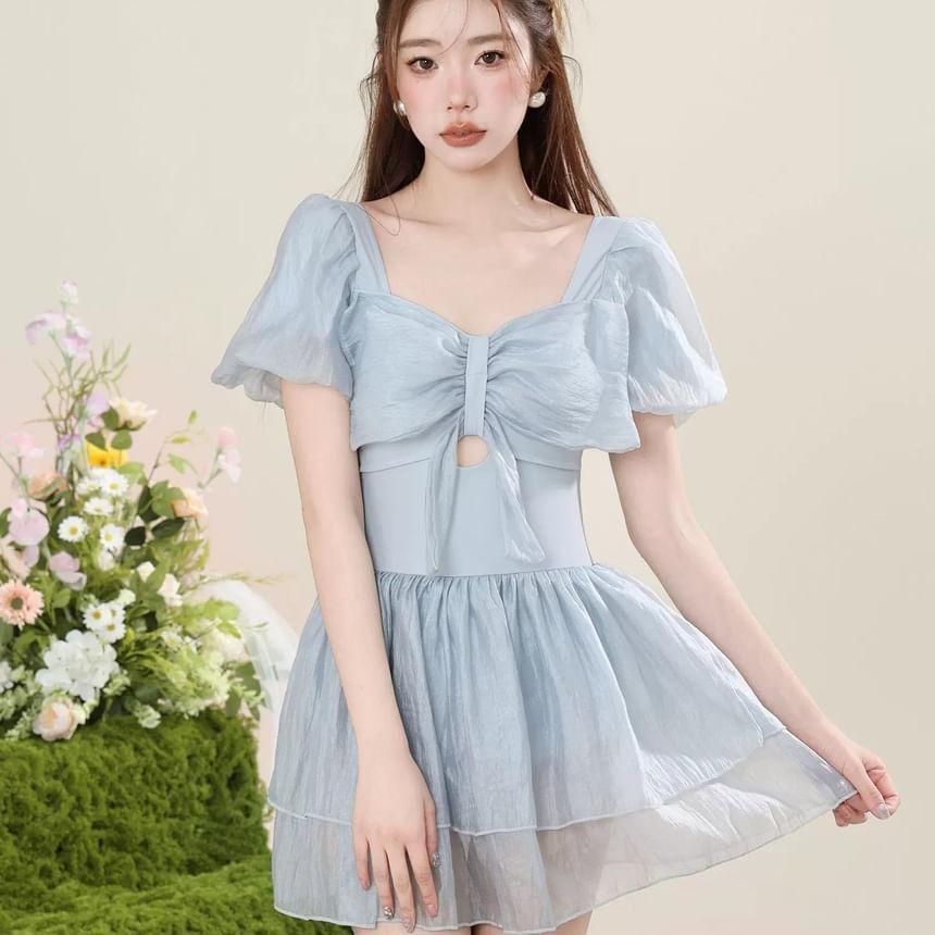 Puff Sleeve Sweetheart Neck Plain Bow Swimdress Product Image