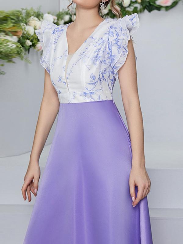 High Waisted Petal Sleeves Printed Split-Joint Deep V-Neck Maxi Dresses Product Image