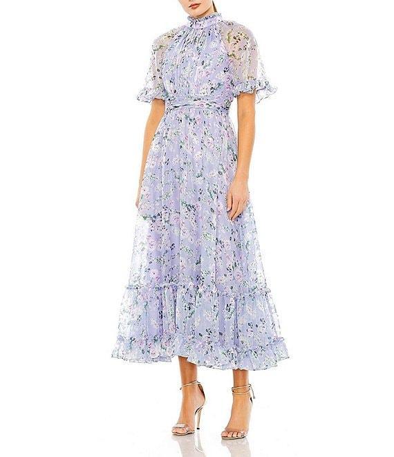 Mac Duggal Ruffle Mock Neck Short Flutter Sleeves Floral Printed Chiffon Flounce Hem A-Line Midi Dress Product Image