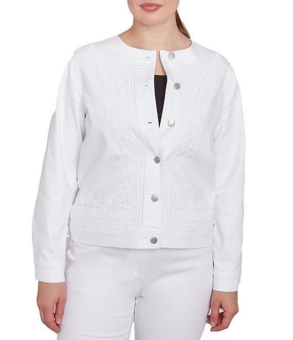 Ruby Rd. Embroidered Round Neck Long Sleeve Button-Front Denim Jacket Product Image