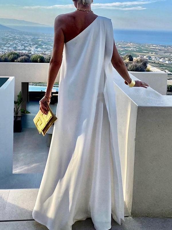 Loose Asymmetric Solid Color Split-Joint One-Shoulder Maxi Dresses Product Image