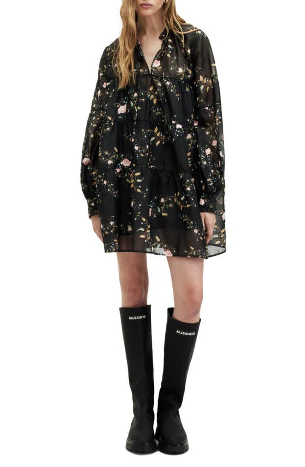 ALLSAINTS Mindy Floral Long Sleeve Trapeze Minidress In Black Product Image