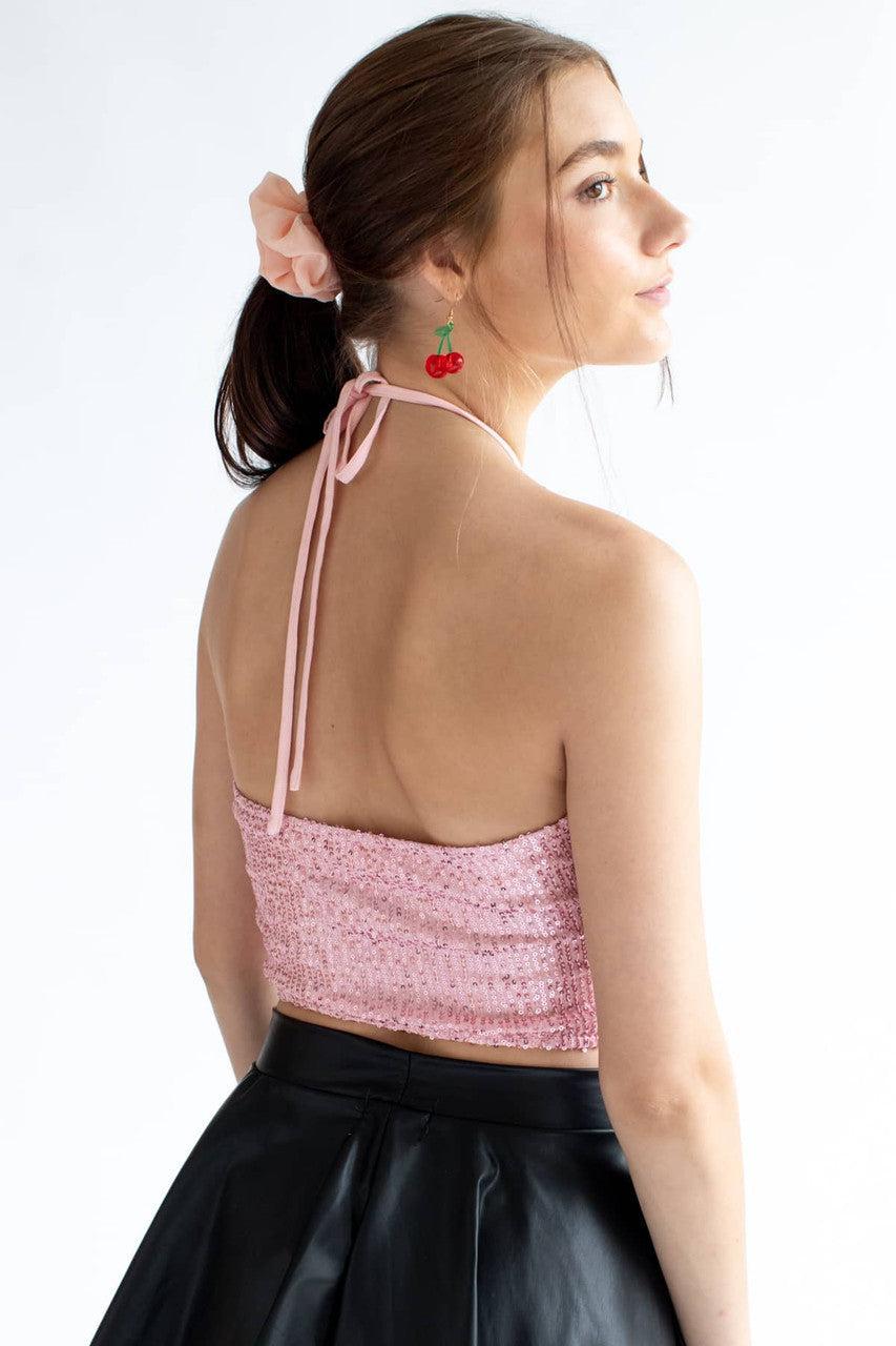 Pink Sequin Ruched Neck Halter Top Product Image