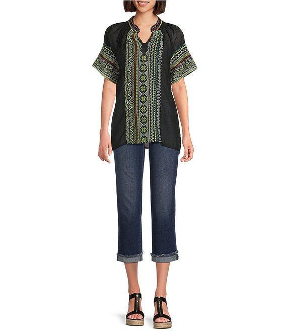 Calessa Petite Size Embroidered Split V-Neck Short Sleeve Tunic Product Image