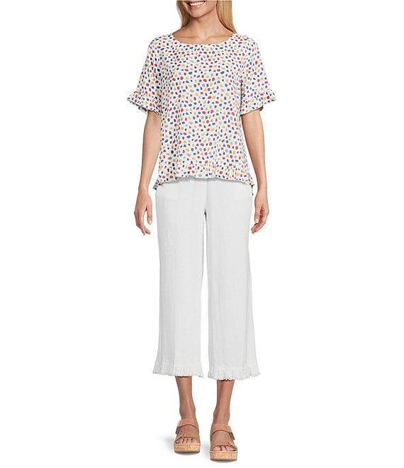 Multiples Printed Slub Crinkle Scoop Neck 3/4 Sleeve Hi-Low Hem Ruffle Top Product Image