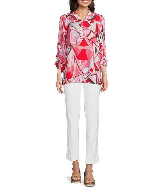 Ali Miles Abstract Print Wire Collar 3/4 Cinch Tie Sleeve Tunic Product Image