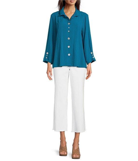 Ali Miles Petite Size Woven Solid Wire Collar 3/4 Sleeve Pleated Hem Button Front Tunic Product Image