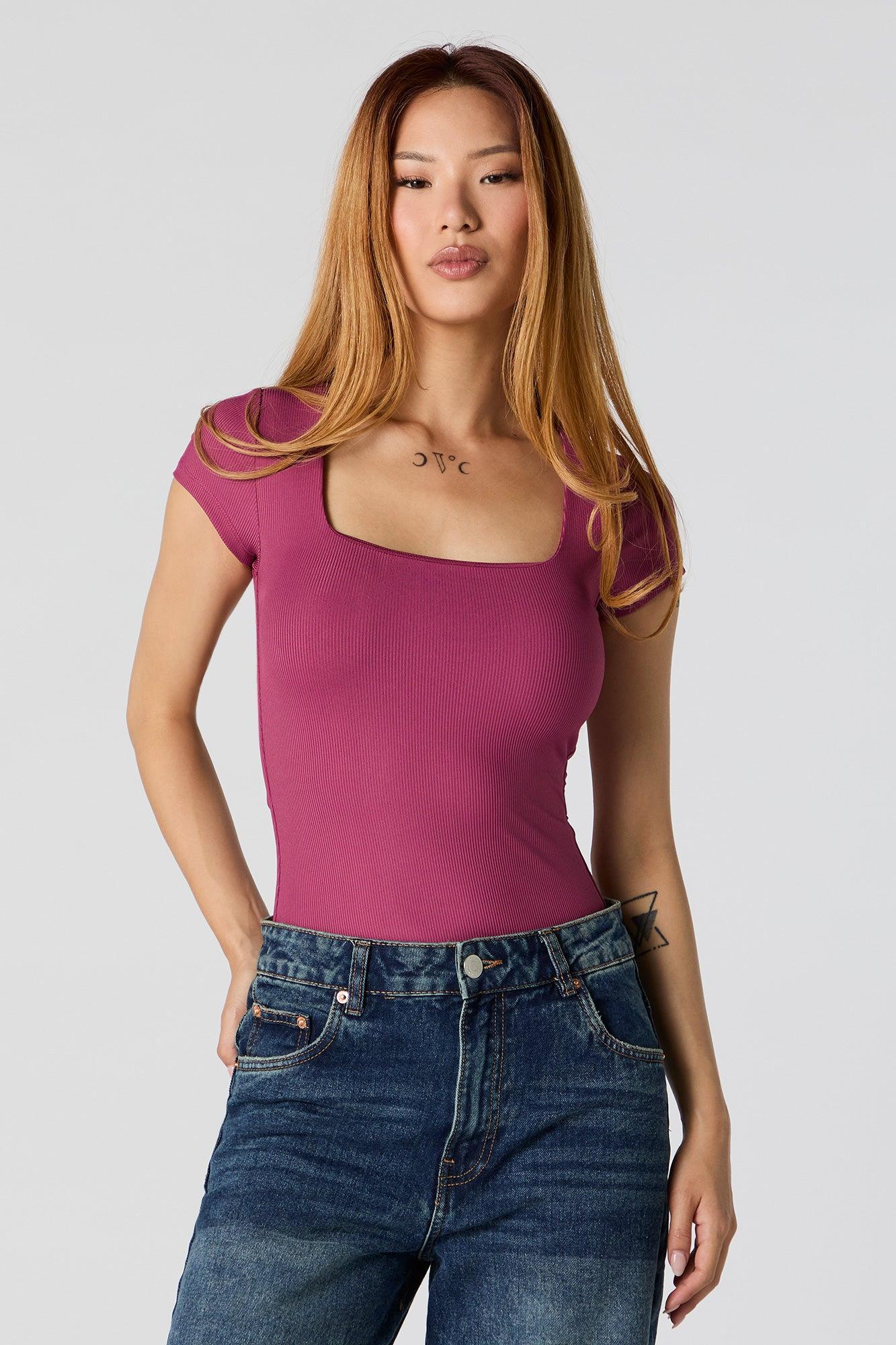 Ribbed Square Neck Short Sleeve Bodysuit Female Product Image