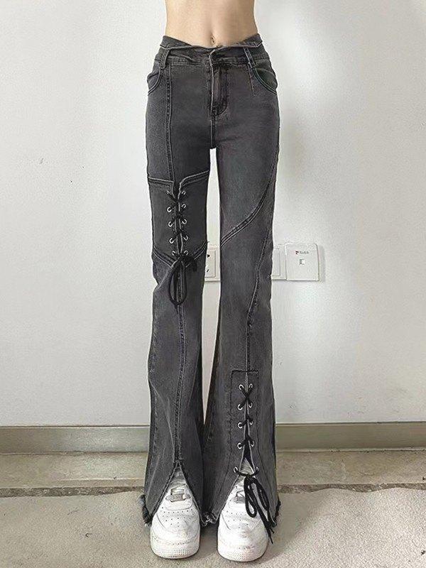 Lace Up Patchwork Slit Flare Jeans Product Image