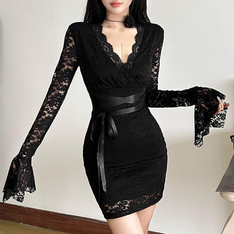 Long-Sleeve V-Neck Lace Mini Bodycon Dress Product Image