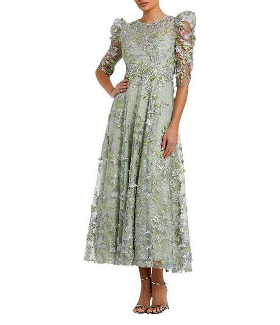 Mac Duggal Embroidered Floral Lace Crew Neck 3/4 Puff Sleeve A-Line Midi Dress Product Image