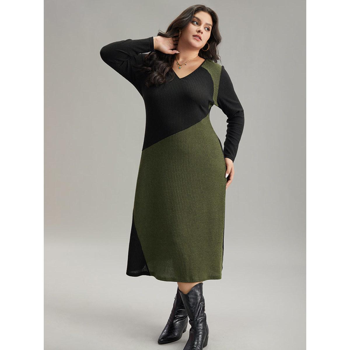 Plus Size Two Tone Patchwork V Neck Dress Multicolor Women Casual Patchwork V-neck Long Sleeve Curvy Midi Dress BloomChic 18-20/2X Product Image