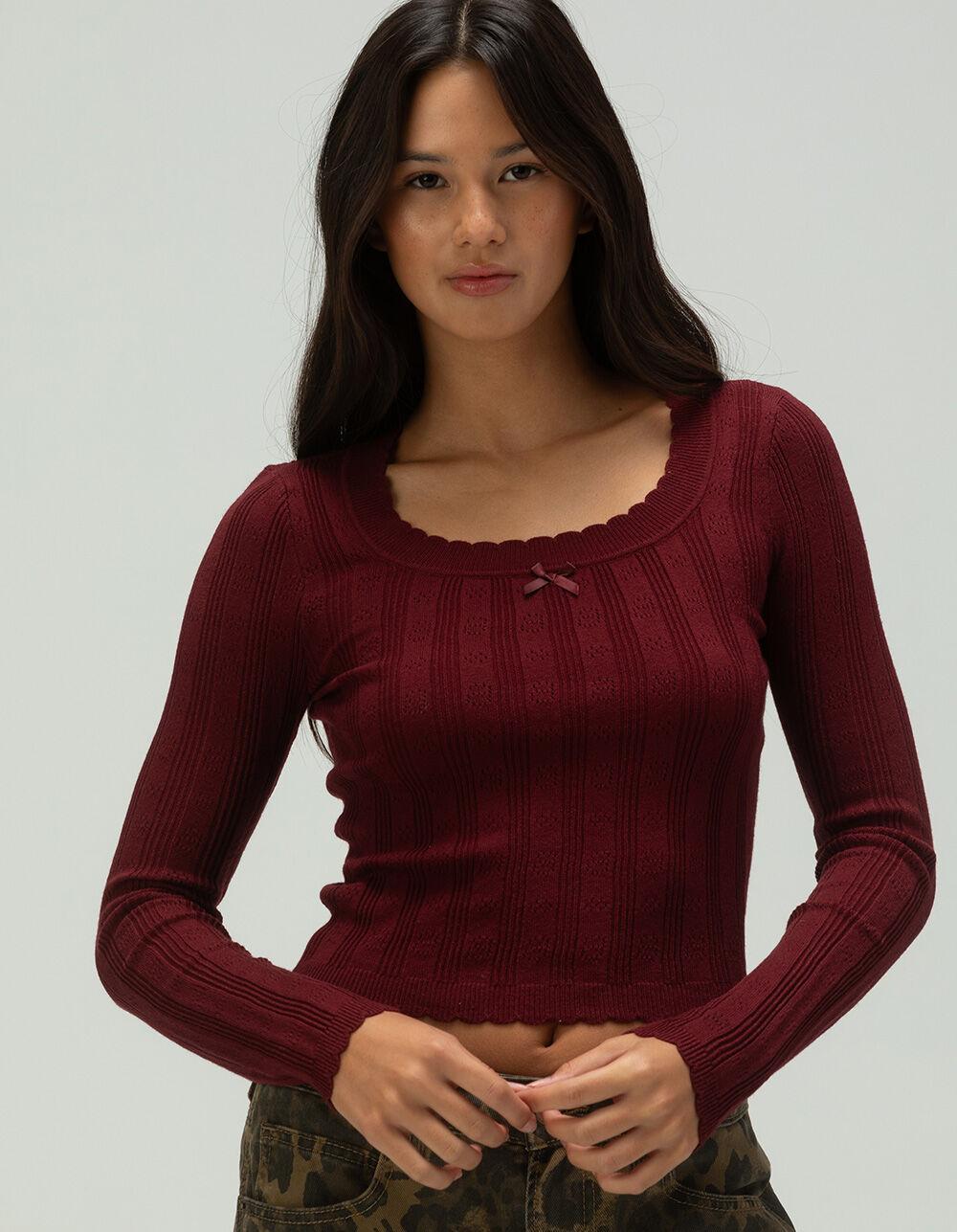 RSQ Womens Pointelle Scallop Pullover Sweater - BURGUNDY Product Image