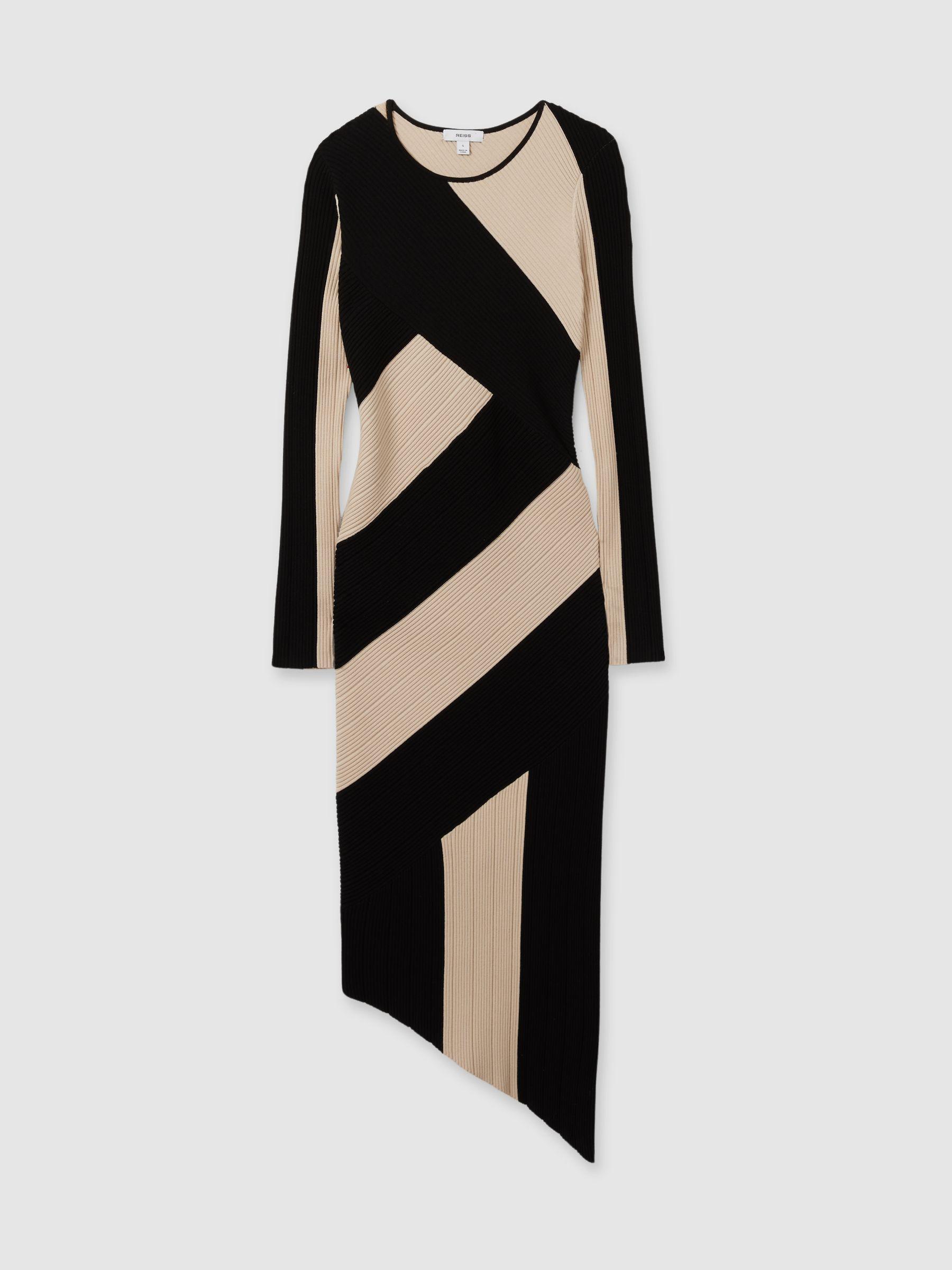 Knitted Colourblock Asymmetric Midi Dress in Black/Camel Product Image
