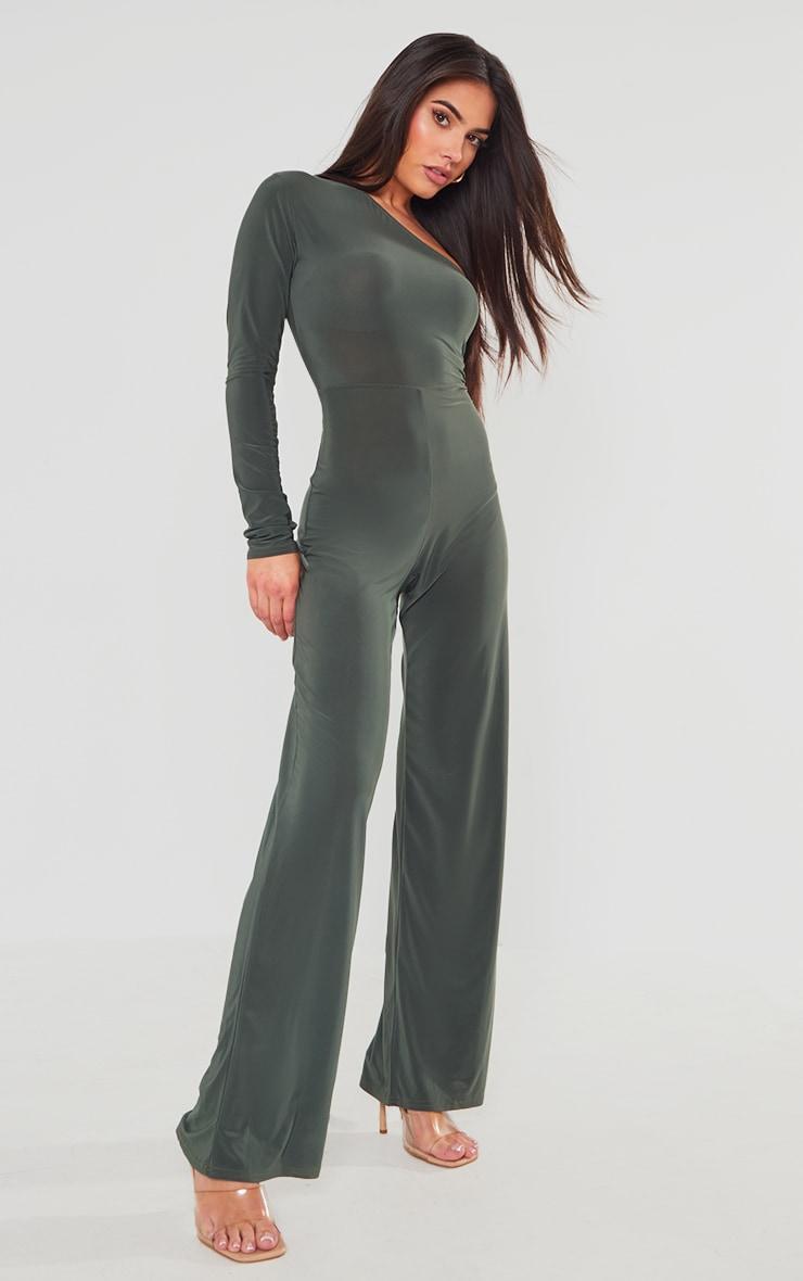 Khaki Slinky One Shoulder Flared Jumpsuit Product Image