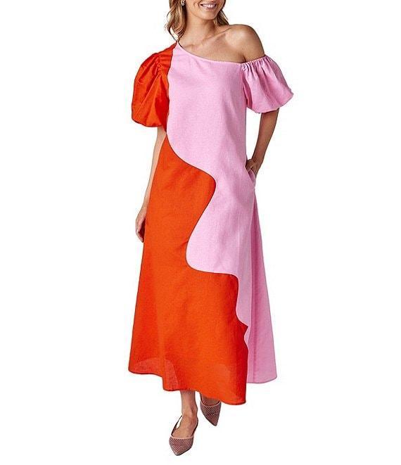CROSBY by Mollie Burch Lovett Colorblock Asymmetrical Neckline Short Puff Sleeve Linen Maxi Dress Product Image