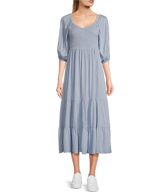 Angie Sweetheart Neck 3/4 Sleeve Smocked Bodice Midi Dress Product Image