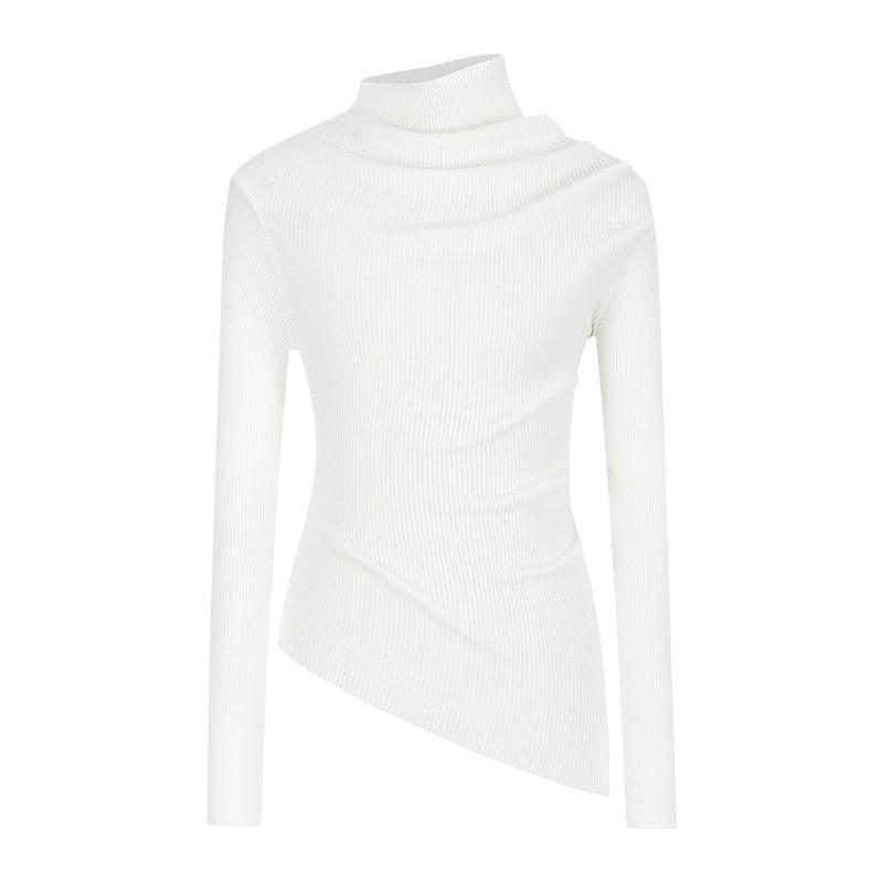 Long Sleeve Mock Neck Cold-Shoulder Plain Ribbed-Knit Slim-Fit Top Product Image