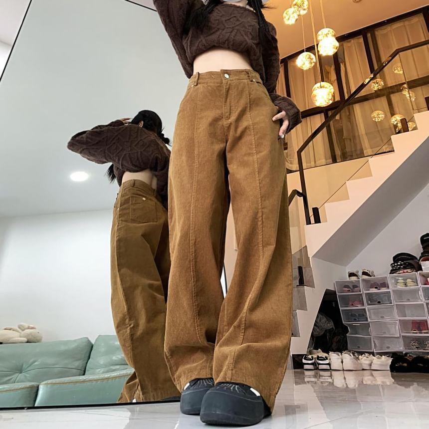 High Rise Plain Corduroy Loose Fit Pants Product Image