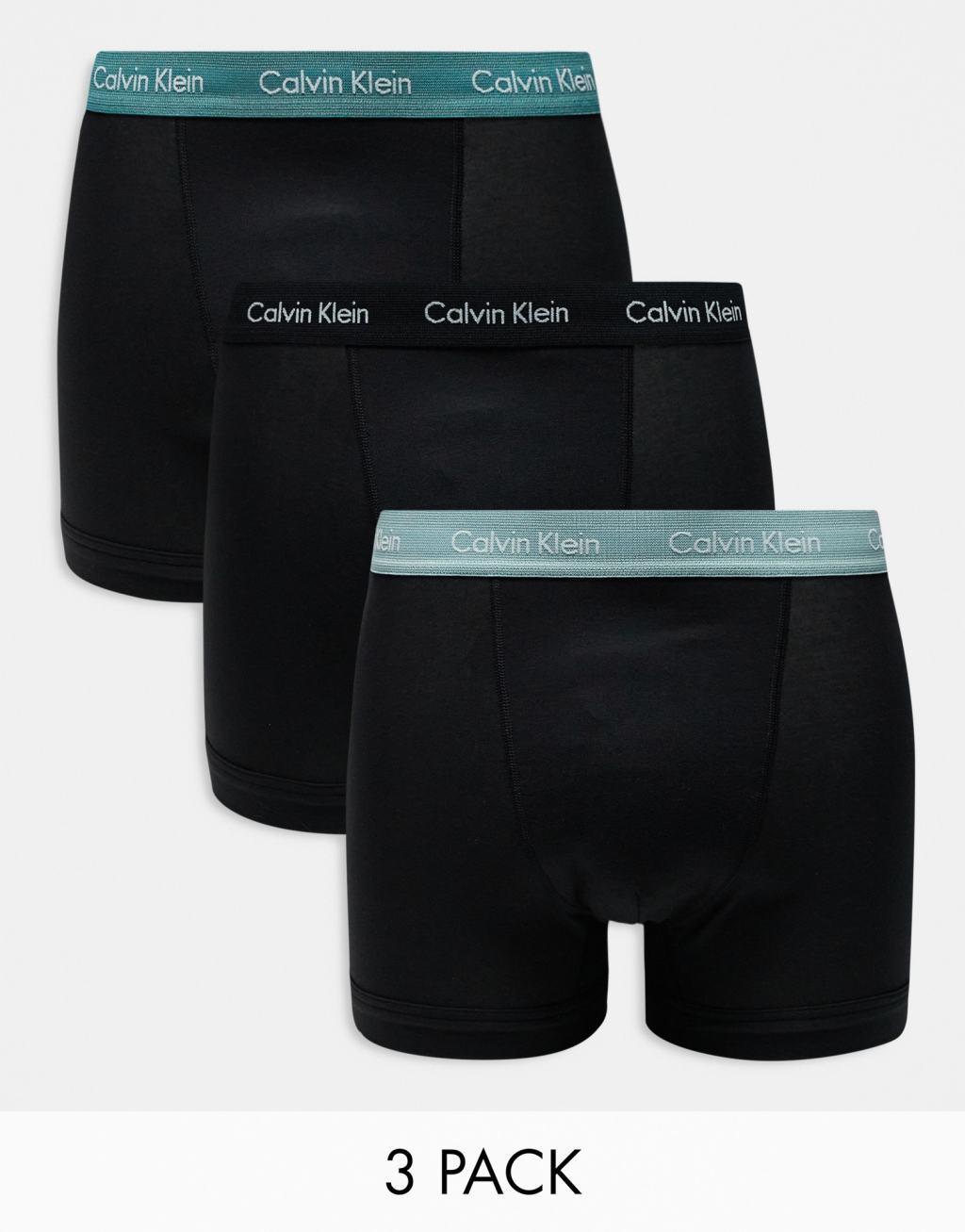 Calvin Klein Cotton Stretch 3 pack trunk with colored waistbands in black Product Image