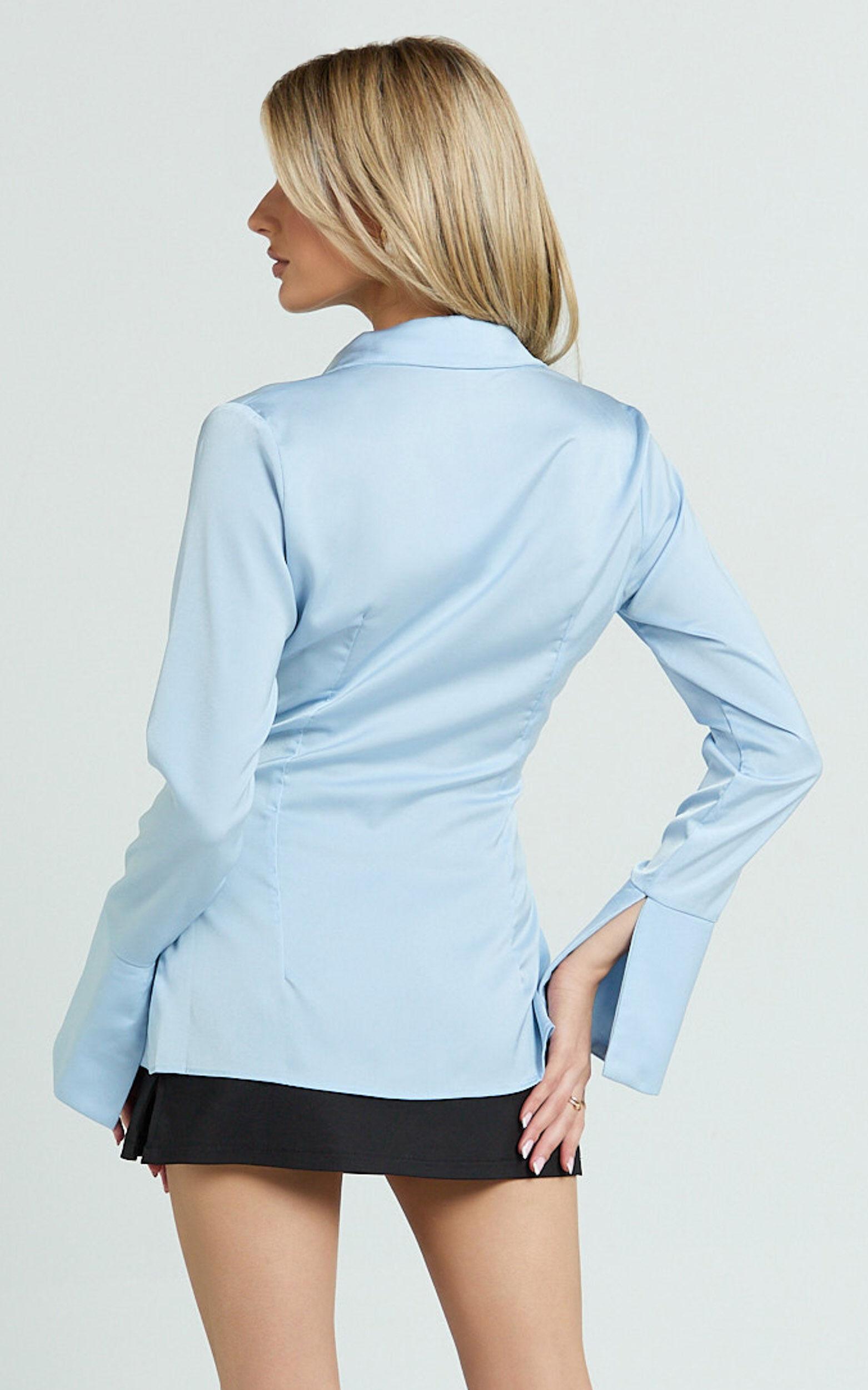 Natalie Top - Button Up Flared Sleeve Shirt in Light Blue Product Image