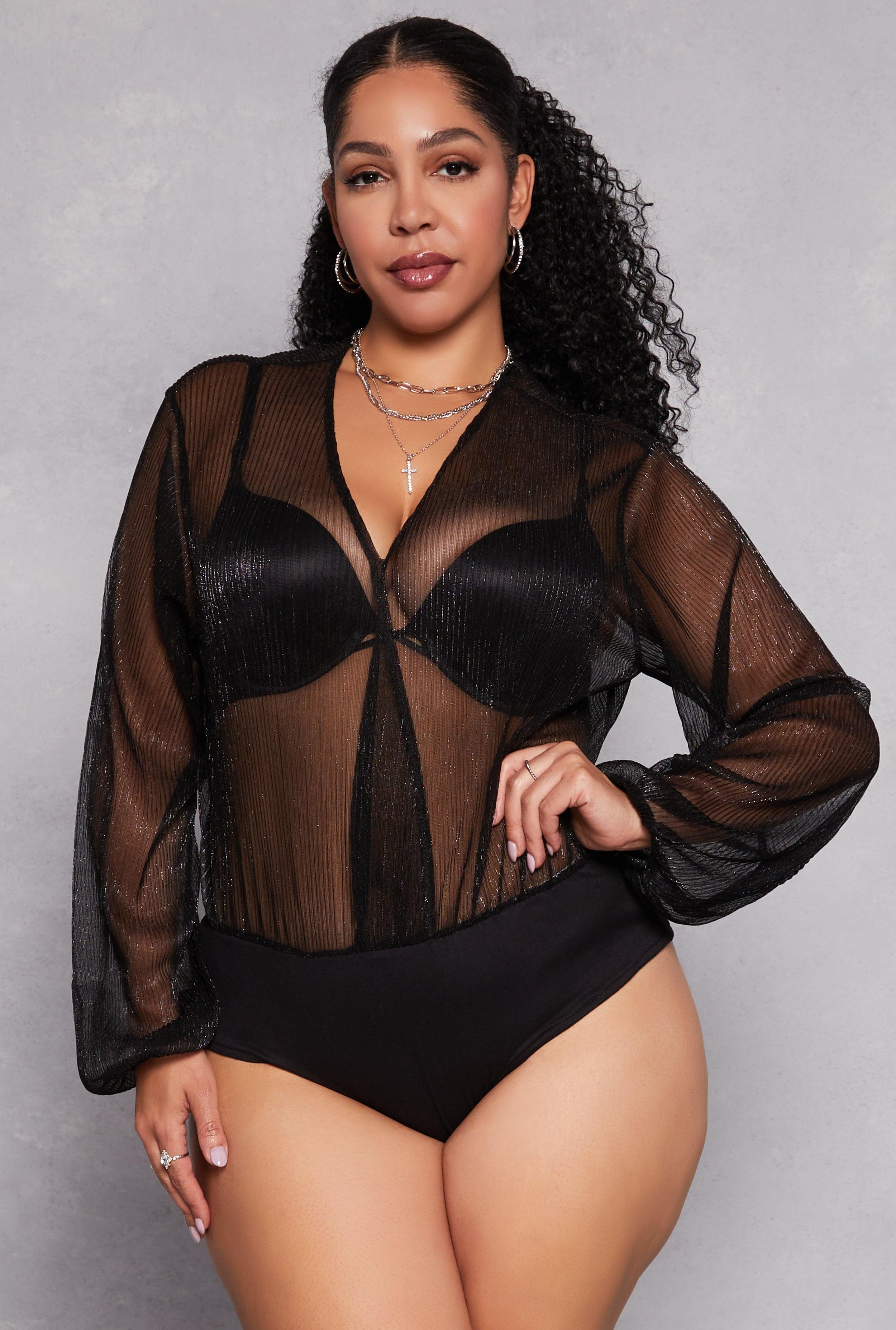 Womens Plus Size Lurex Surplice Bubble Sleeve Bodysuit Product Image