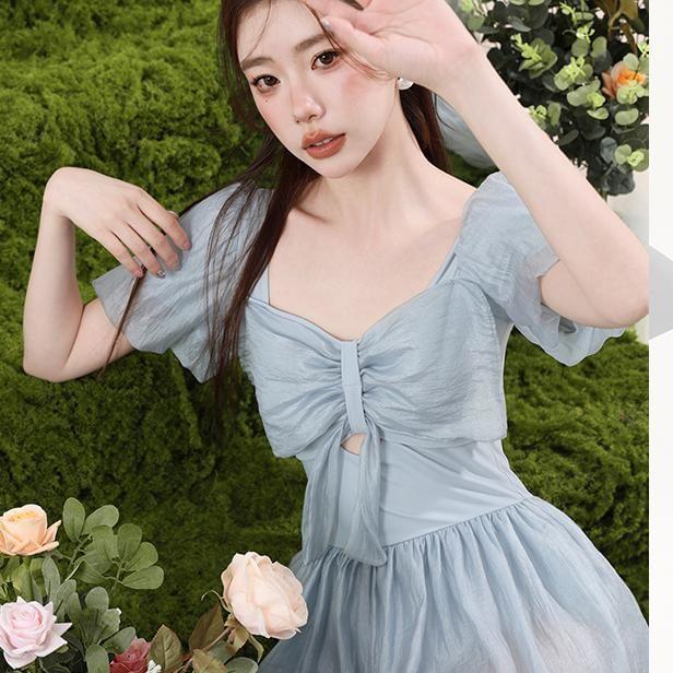 Puff Sleeve Sweetheart Neck Plain Bow Swimdress Product Image