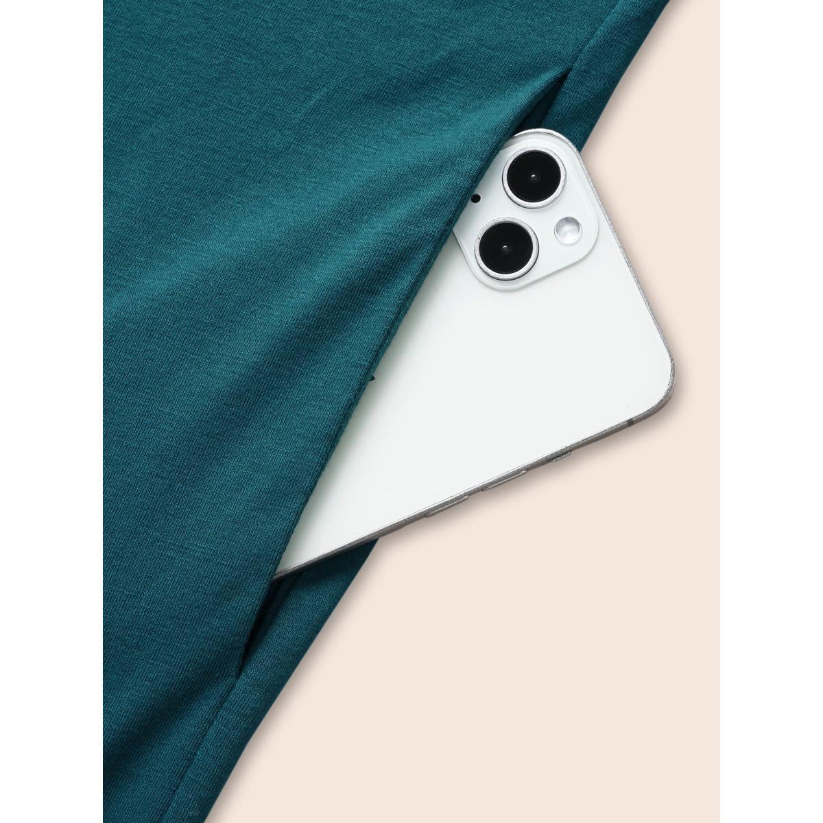 Plus Size Solid Ruched Pocket Asymmetrical Hem Dress Cerulean Women Elegant Gathered V-neck Short sleeve Curvy Midi Dress BloomChic 28/5X Product Image