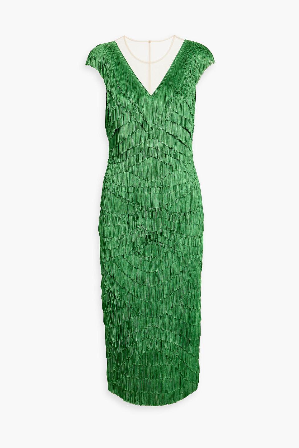 Fringed Tulle Midi Dress In Green Product Image