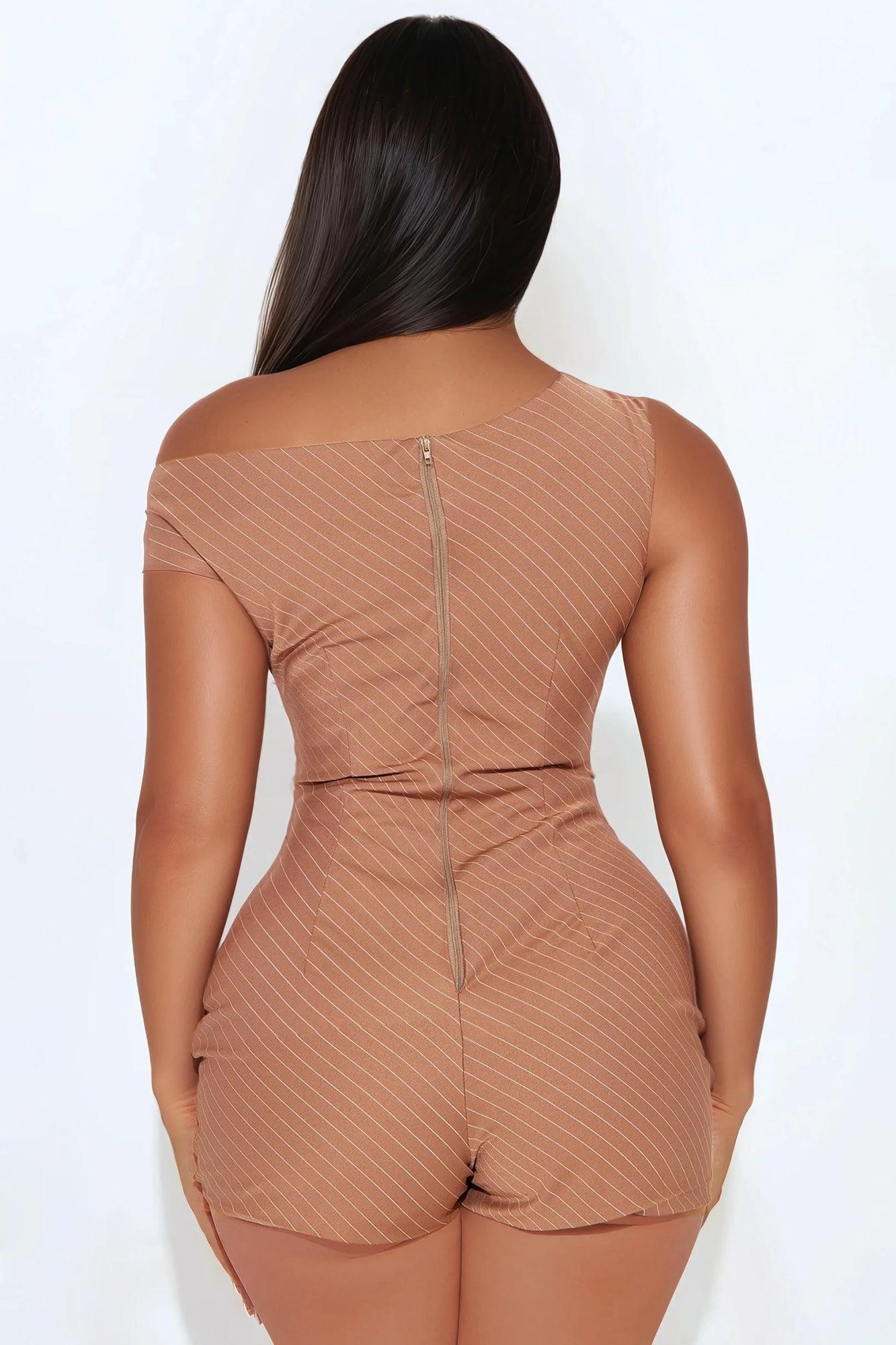 Taking Notes Pinstripe Skort Romper - Mocha/combo Product Image