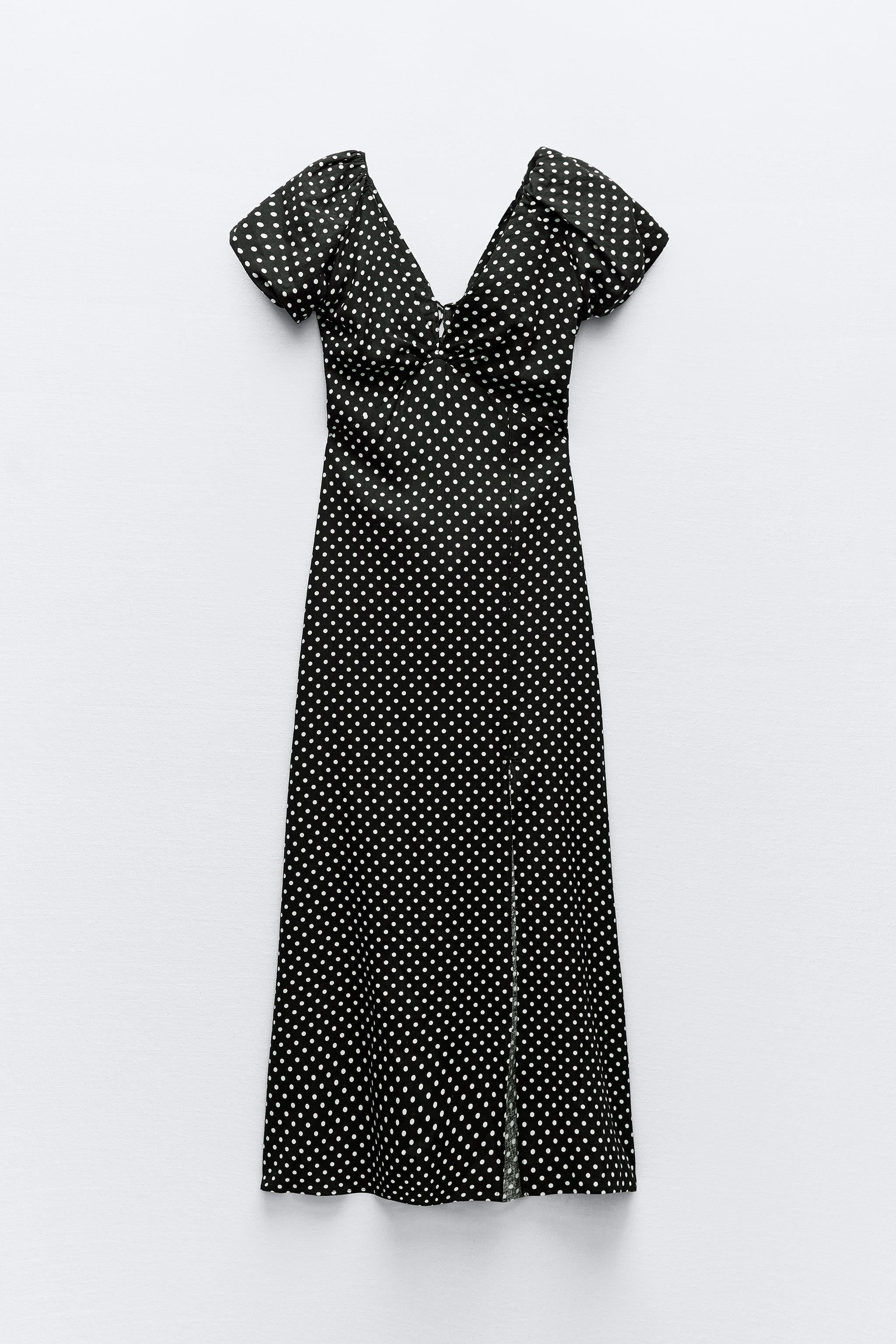 LINEN BLEND POLKA DOT MIDI DRESS Product Image