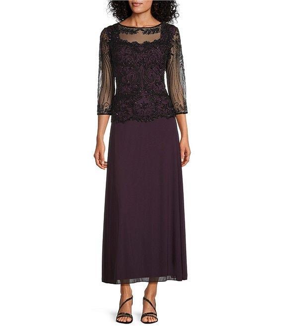 Pisarro Nights Beaded Illusion Boat Neck 3/4 Sleeve A-Line Dress Product Image