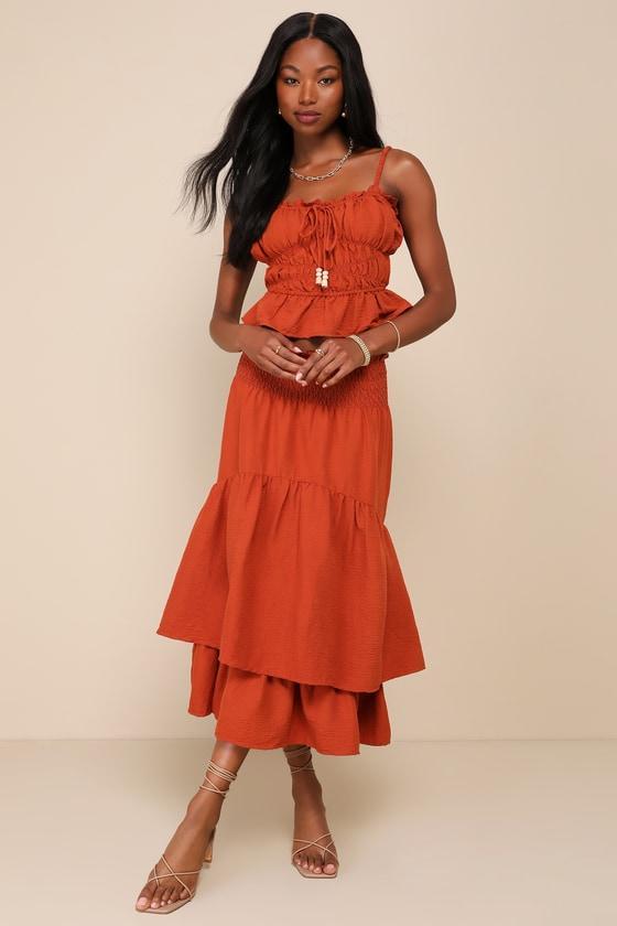 Exceedingly Effortless Rust Orange Ruffled Sleeveless Top Product Image