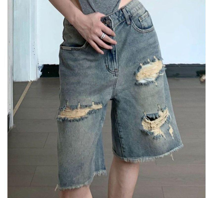 Mid Rise Distressed Washed Bermuda Denim Shorts Product Image