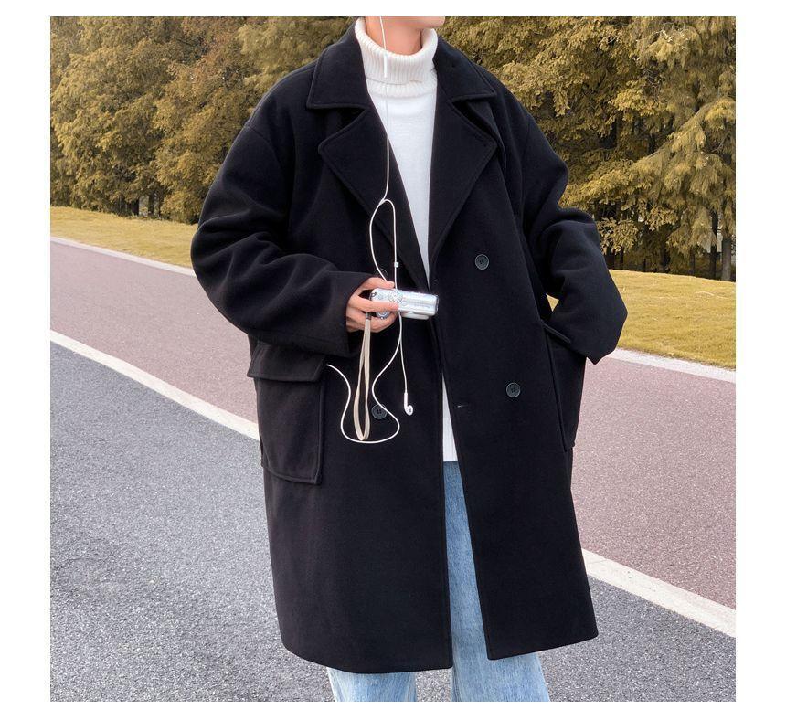 Long-Sleeve  Double-Breasted  Plain Woolen Coat Product Image