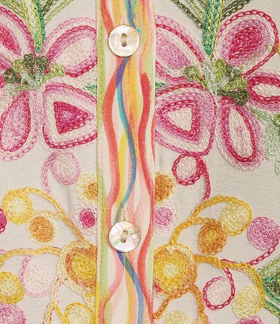John Mark Embroidered Mixed Print Point Collar 3/4 Roll-Tab Sleeve Button Front Tunic Product Image