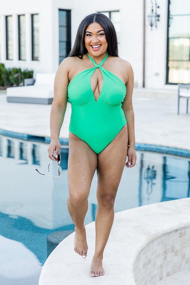 Find Me At The Pool Kelly Green Halter Swimsuit FINAL SALE Product Image