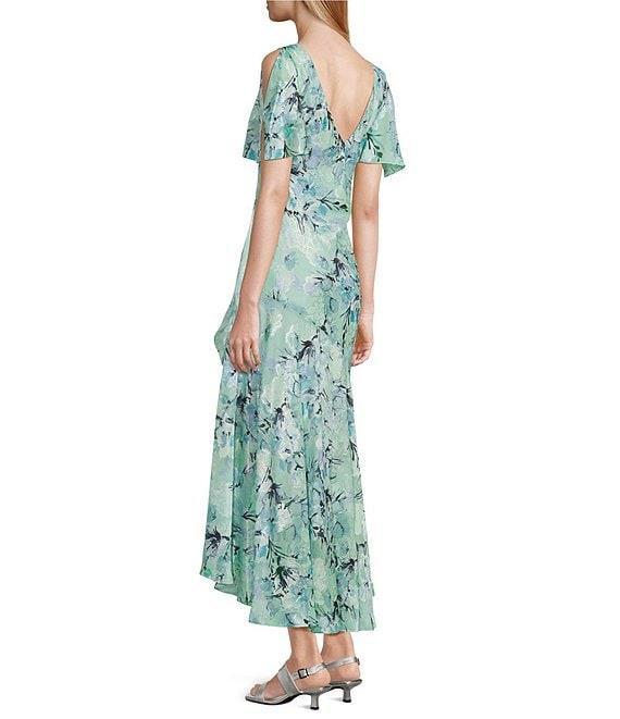 Alex Evenings Chiffon V-Neck Short Sleeve Tulip Overlay High-Low Hem Fit and Flare Midi Dress Product Image