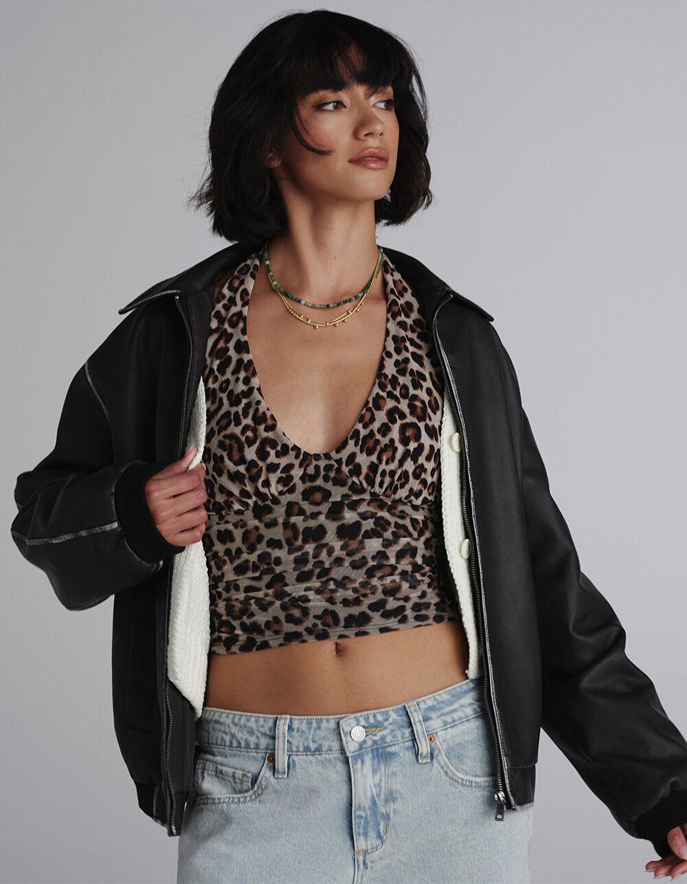 RSQ Womens Distressed Faux Leather Dad Jacket - BLACK Product Image