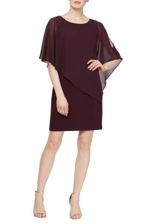 Ignite Evenings Chiffon Asymmetric Overlay 34 Sleeve Beaded Shoulder Detail Round Neck Sheath Dress Product Image